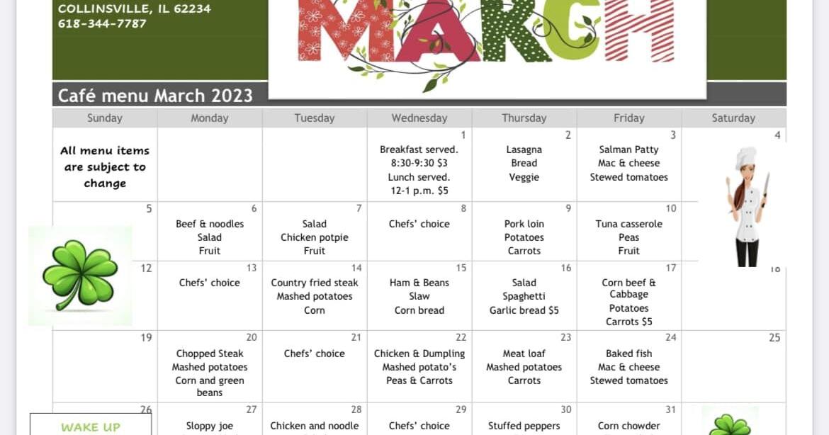 Collinsville Senior Center March Menu Arts Entertainment collinsville-senior-center-march-menu-arts-entertainment