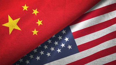 United States and China two flags together realations textile cloth fabric texture