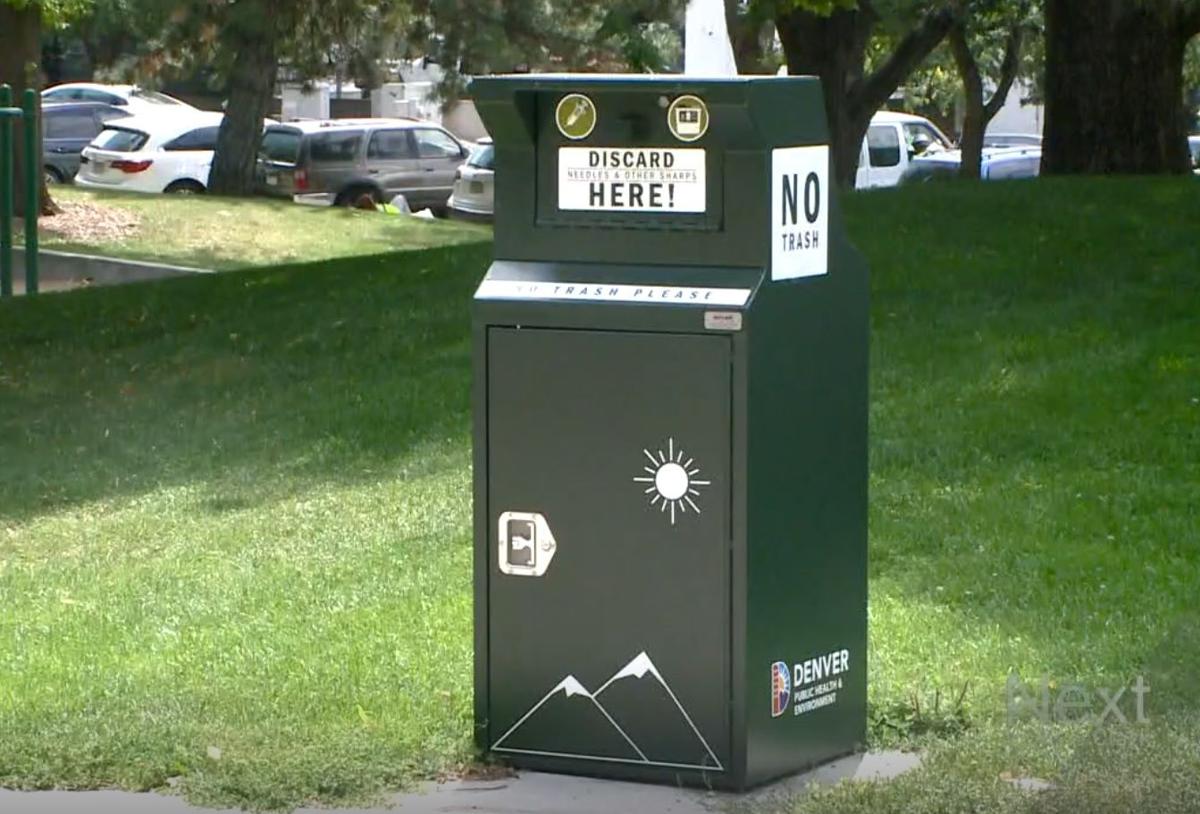 A box installed by the city of Denver where drug users can safely dispose of used syringes.