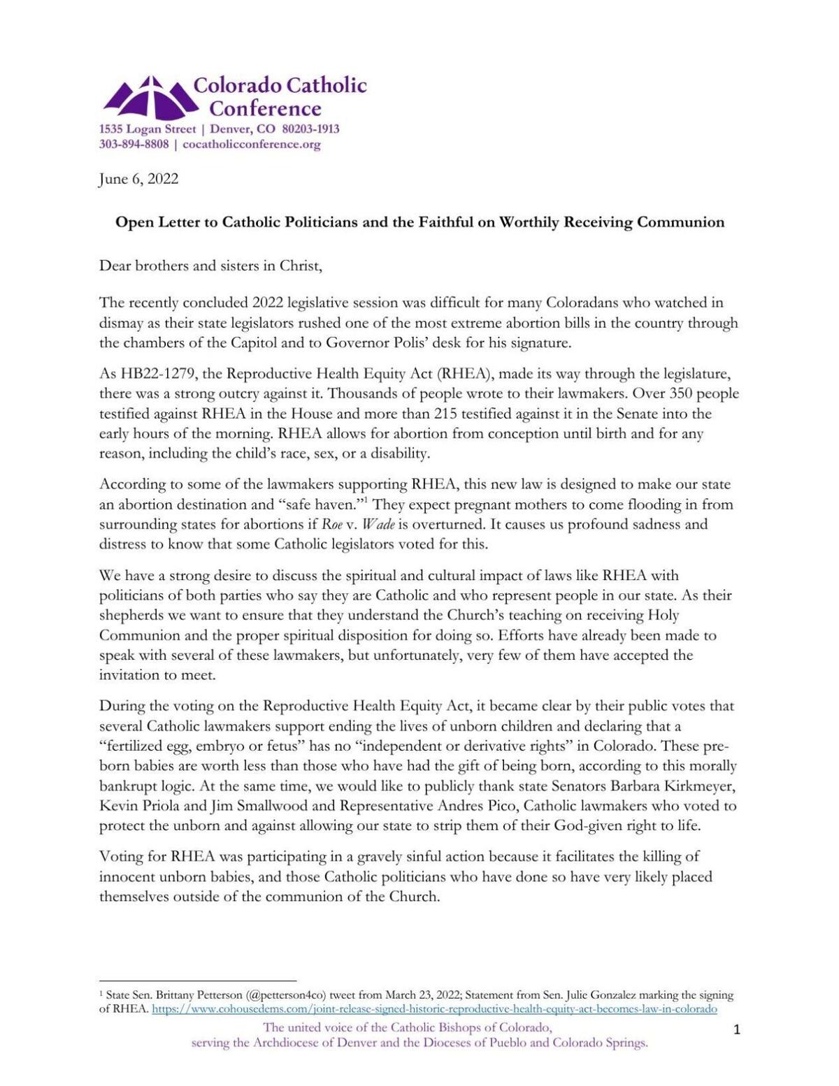 Colorado Catholic Bishops Holy Communion Letter