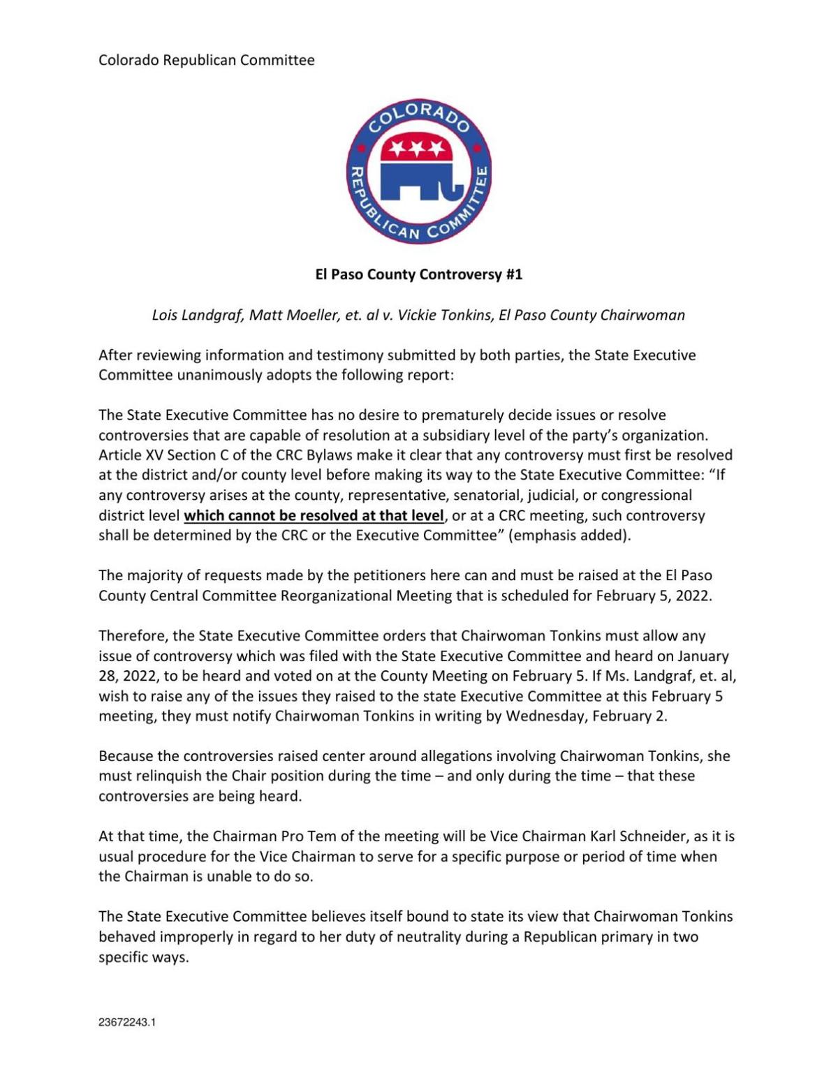 Colorado GOP Ex Comm report re: El Paso County Controversy