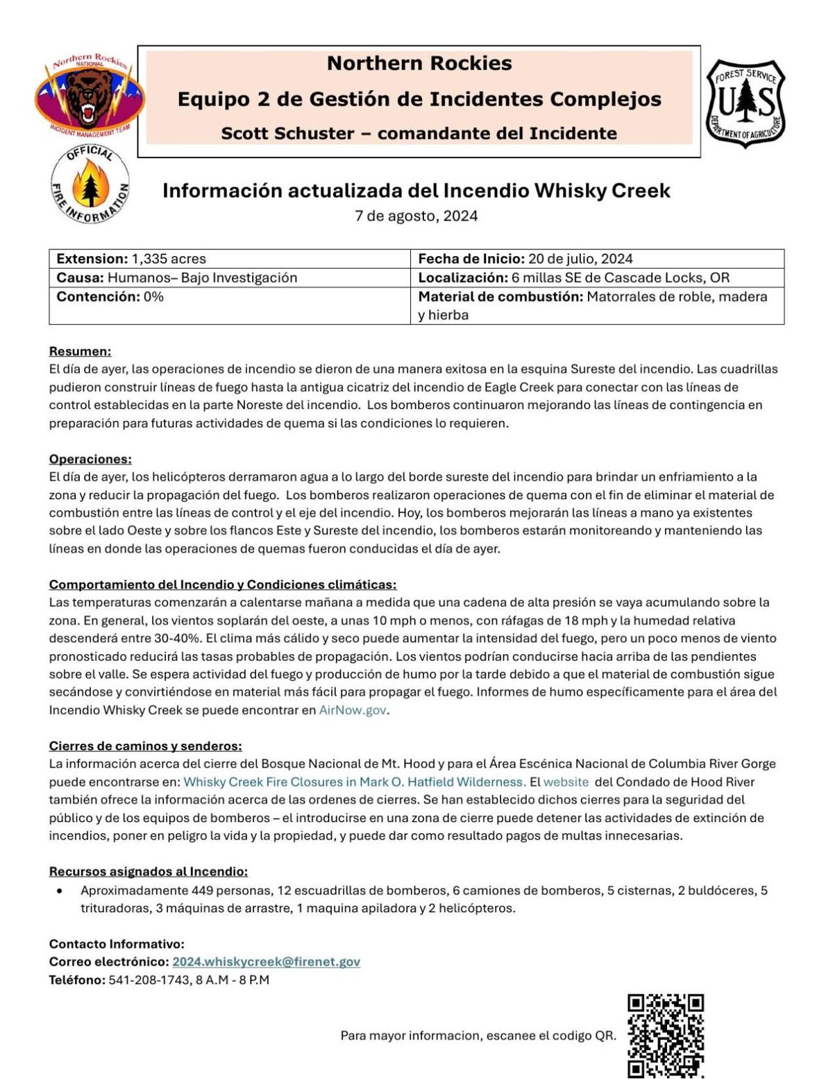 Whisky Creek Fire update in Spanish for Aug. 7