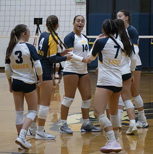 The Hood River Valley volleyball team celebrates after a point earlier this year.  Zach Thummel photo