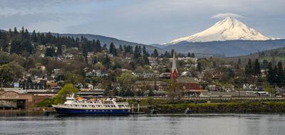 The Nat Geo cruise ship, the Sea Lion moored at The Dalles and a view from Dallesport. Gary Elkinton photo