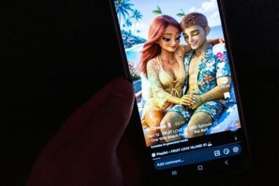This illustration photograph shows shows "Fruit Love Island", an AI-generated TikTok micro-series based on the television hit "Love Island" -- except all the participants are sexy human-like fruit, in Tokyo on April 3, 2026