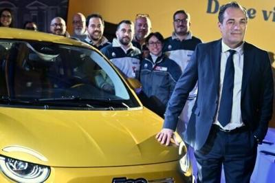 Stellantis chief Antonio Filosa presenting a new Fiat 500 Hybrid at the company's plant in Turin, Italy, in November 2025