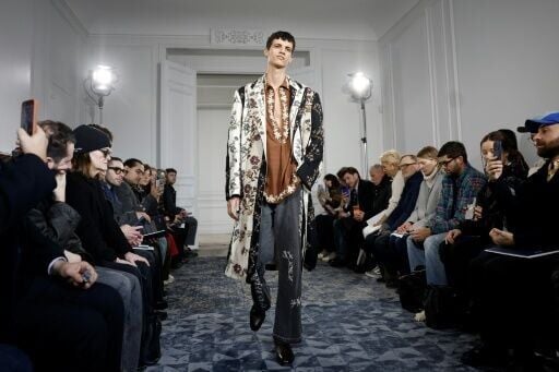 A model during the Kartik Research Menswear Fall-Winter collection in Paris on Thursday