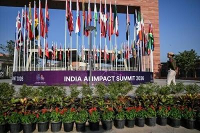 A Delhi police officer outside the venue of the 'India AI Impact Summit 2026'