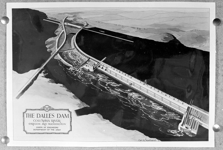 1951 conceptual drawing of a proposed Columbia River dam