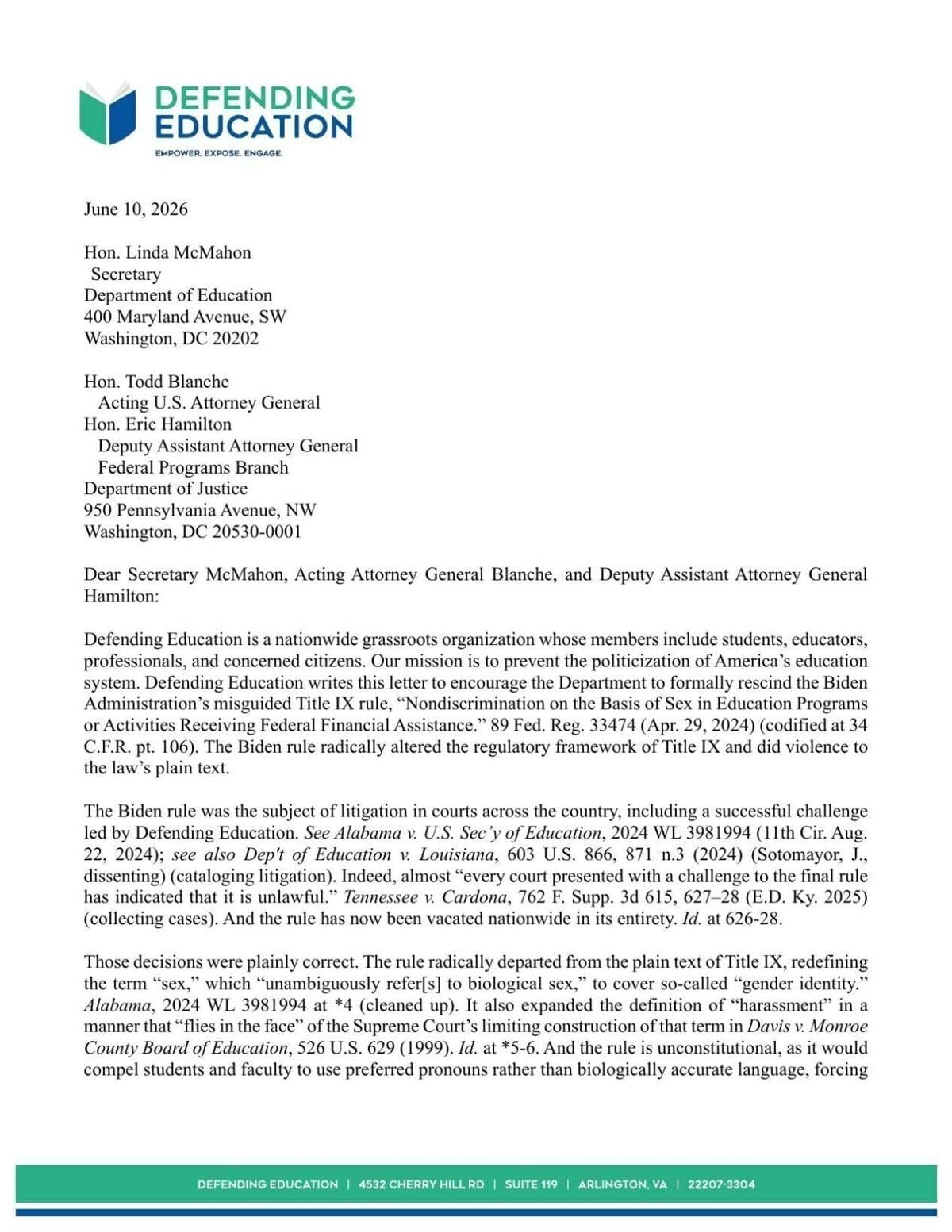 Defending Education Letter