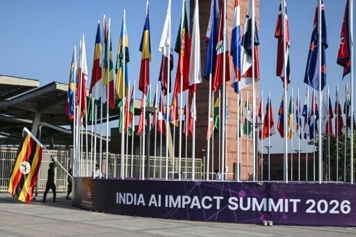 National flags of participating countries on display at the 'India AI Impact Summit 2026' being held at the Bharat Mandapam in New Delhi