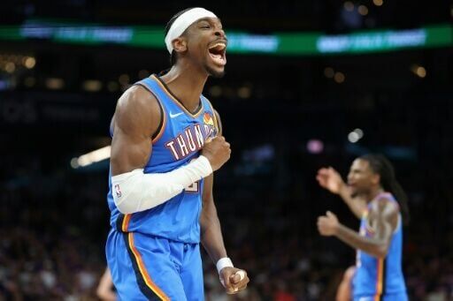 Oklahoma City star Shai Gilgeous-Alexander celebrates a basket in the Thunder's victory over the Phoenix Suns in game three of their NBA playoff series