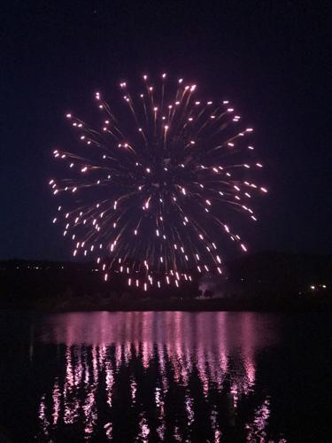 fireworks reflected on Nichols Basin, Hood River.JPG