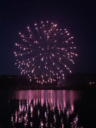 fireworks reflected on Nichols Basin, Hood River.JPG