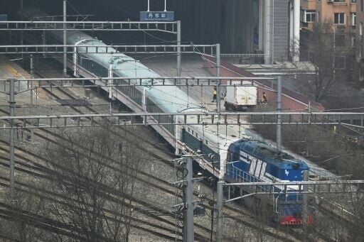 A passenger train bound for Pyongyang, the capital of North Korea, departs from the railway station at the border city of Dandong, in China's northeast Liaoning province on March 25, 2026.