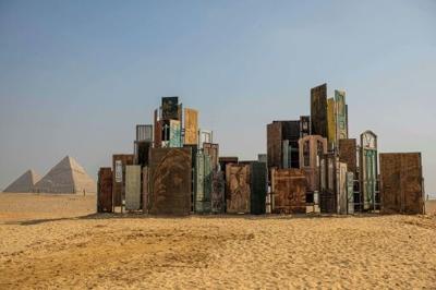The art installation "Doors of Cairo" by artist Alexandre Farto, aka Vhils, formed part of the fifth edition of the "Forever is Now" art exhibition by Art d'Egypte at the Giza pyramids
