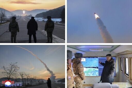 (COMBO) This combination of pictures taken on January 4, 2026 and released by North Korea's official Korean Central News Agency (KCNA) via KNS on January 5, 2026 shows North Korean leader Kim Jong Un inspecting a missile launch exercise in Pyongyang