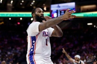 Philadelphia's Andre Drummond, shown reacting after making a three-point shot in the third quarter at Sacramento, was fined $25,000 by the NBA for an "objectionable gesture"