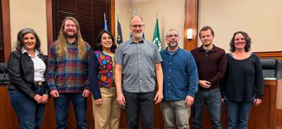 2025 Hood River City Council, left to right: Anna Cavaleri, Ben Mitchell, Gladys Rivera, Paul Blackburn, Douglas Stepina, Grant Polson, and Amanda Goeke. Photo from City Council website.