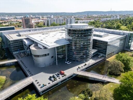 Volkswagen's 'Transparent Factory' in Dresden, eastern Germany, seen on May 14, 2025