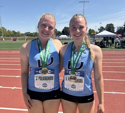 Sisters and Columbia High alumni Hannah and Jessica Polkinghorn at the Great Northwest Athletic Conference (GNAC) Outdoor Track and Field Championships earlier this month.