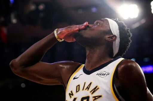 Indiana's Pascal Siakam celebrates a three-point in the Pacers' NBA overtime victory over the New York Knicks