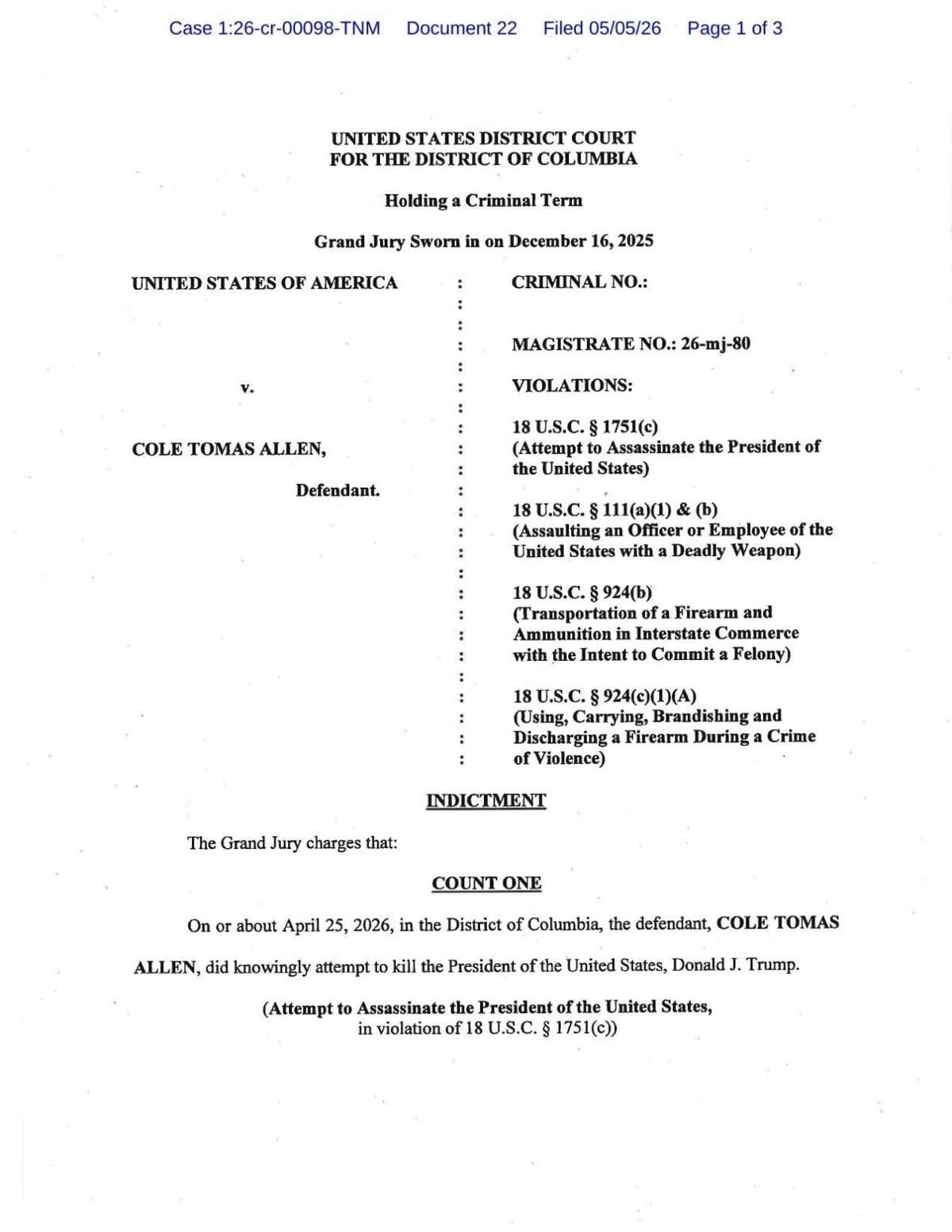 Cole Allen Grand Jury Indictment