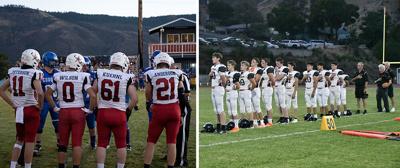 Left: Dufur football captains take their pick for the coin toss earlier this year.  Zach Thummel photo  Right: Sherman County football team lines up for the national anthem.  Chelsea Marr photo
