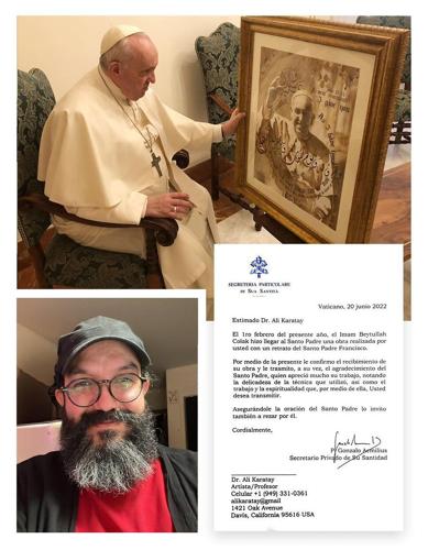 Pope Francis' Coffee-Painted Portrait by Erguvan Art & Academy CEO Dr. Ali Karatay Presented at the Vatican