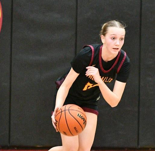 Riverhawk senior Hailey Johnston (12) pushes the ball up the floor this winter.