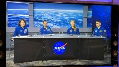The four-member Crew-12 set to blast off to the International Space Station are (L to R) NASA astronauts Jessica Meir and Jack Hathaway, European Space Agency astronaut Sophie Adenot, and Roscosmos cosmonaut Andrey Fedyaev