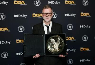 US director Paul Thomas Anderson, winner of the Outstanding Directorial Achievement in Theatrical Feature Film for "One Battle After Another," poses in the press room during the 78th Annual Directors Guild Of America Awards