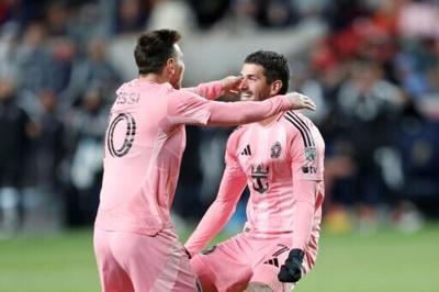Inter Miami's Rodrigo De Paul celebrates with teammate Lionel Messi after scoring in Miami's 2-0 MLS victory over Real Salt Lake