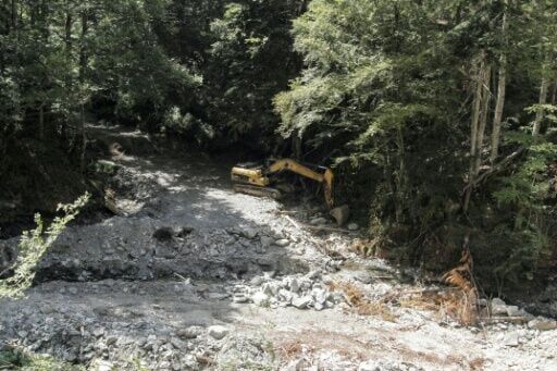 An excavator on the riverbed of the Dosnica river following initial construction works for small hydropower plants in Mount Kozuf