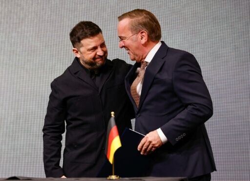 Ukrainian President Volodymyr Zelensky spoke with German Defence Minister Boris Pistorius during a visit to a drone factory