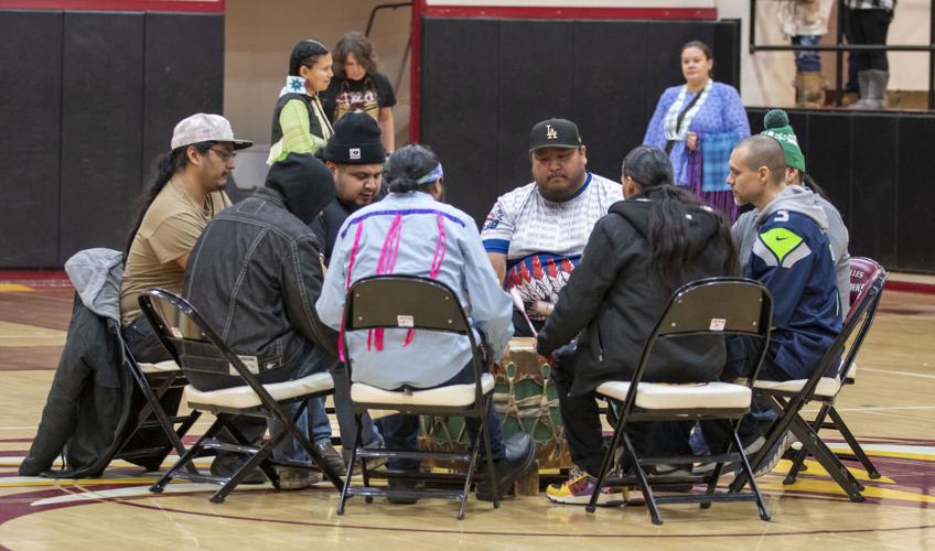Members from The Columbia Gorge Native American Youth Advisory Council play music during Native American Heritage Night on Jan. 23 in The Dalles.  Zach Thummel photo