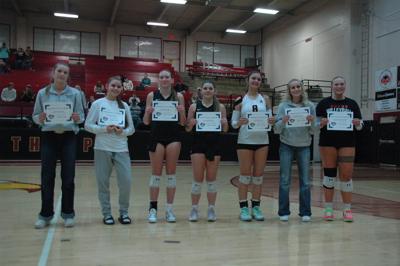 Big Sky First Team All League Award winners From left to right are Bailey Udey (South Wasco), Kiara Peters (Sherman), Phegley Padberg (Ione), Novalee Campbell (Ione), Jayda Iverson (South Wasco) and Player-of-the-Year Cadence Young (Dufur).   Mike Weber...