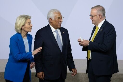 European Council President Antonio Costa -- here flanked by European Commission President Ursula von der Leyen and Australian Prime Minister Anthony Albanese -- said all EU leaders would meet to further discuss Trump's plan on Monday