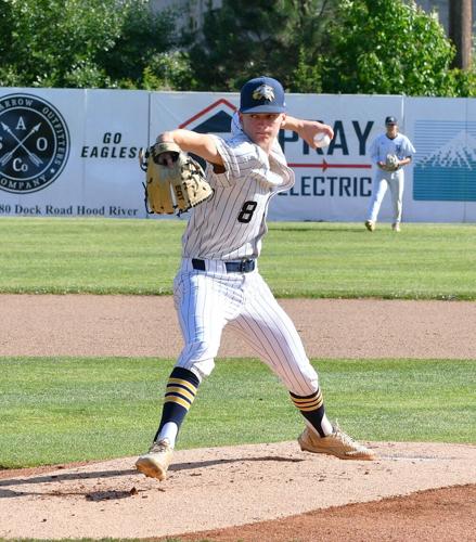 HRV sophomore Landen Pratt delivers a pitch on May 26 in Hood River. Pratt was named first team all conference (NWOC) as a pitcher for the Eagles last week.