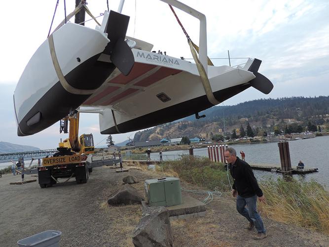 Under Way: Eight years in the making, Mariana finds water — what will be home port for Hood River man’s giant catamaran?