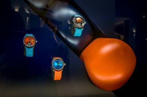 Watches displayed at the stand of Swiss manufacturer H. Moser & Cie at the Watches and Wonders salon in Geneva
