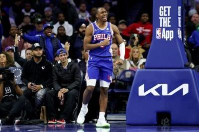 Philadelphia's Tyrese Maxey celebrates in the 76ers' 102-100 NBA home victory over Boston