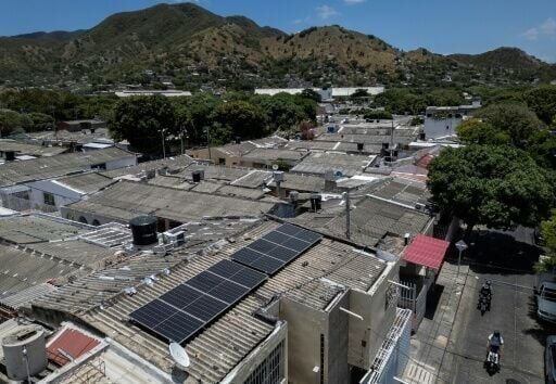 Aerial view of solar panels powering Hernan Sarmiento's grocery store in Santa Marta, Magdalena department, Colombia