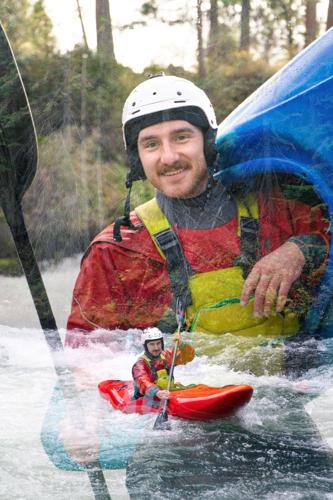 Whitewater kayaker JT Hartman. Double-exposure photograph by Ben Kitching.