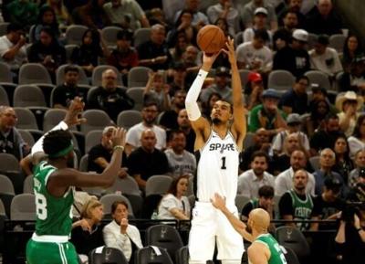 Victor Wembanyama launches one of his eight three-pointers in San Antonio's defeat of the Boston Celtics