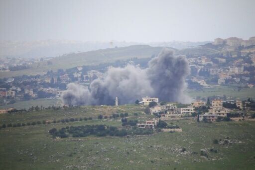 Smoke rises from an Israeli airstrike on the southern Lebanese village of Kfar Tibnit on May 4