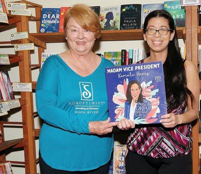 Pennie Burns Jenny Cohen Soroptimist donation from Waucoma Bookstore