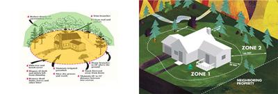 Slides shared at the community meeting included how to create a defensible space around a structure to prevent damage during a wildfire event: Start at the house, and work outward.	Contributed images