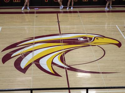 The Dalles Riverhawks logo center court 2025