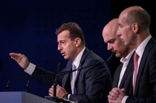 Airbus chief Guillaume Faury, left, and other executives at a press conference Thursday in Toulouse, southwest France